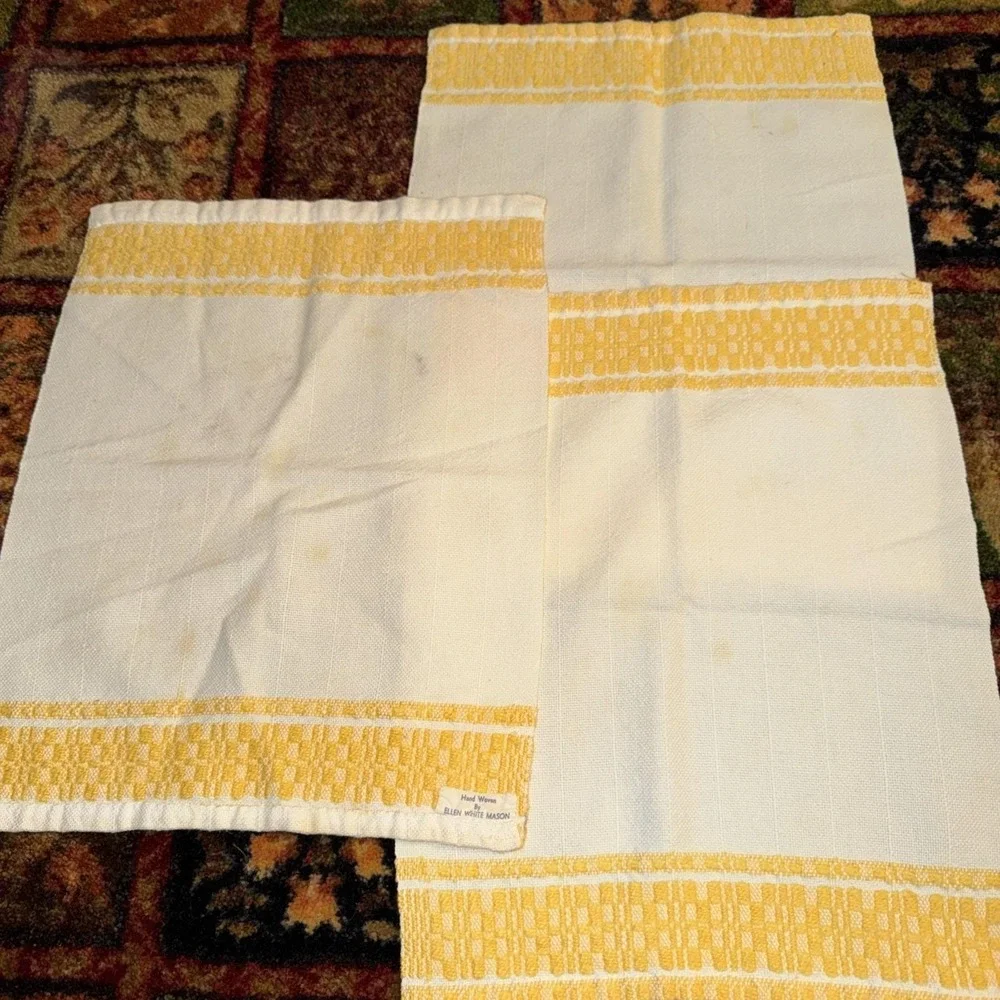 Antique PURE LINEN Lot Of 3 TeaTowels Hand Woven Yellow Trim Ellen White Mason